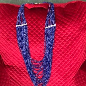Long 19” approx Blue Beaded necklace w/rhinestones